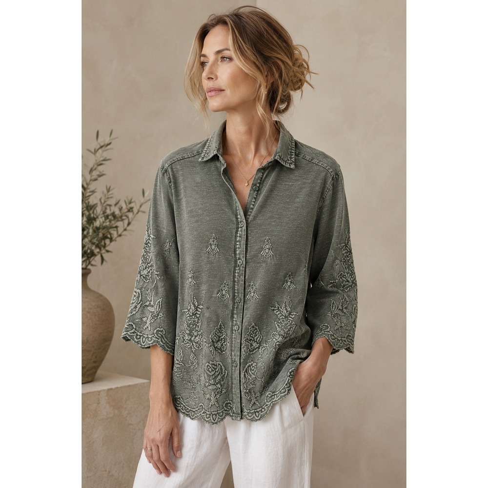 Caite Embroidered Olive Green Button Front Top Large Boho Artisan Mineral Wash